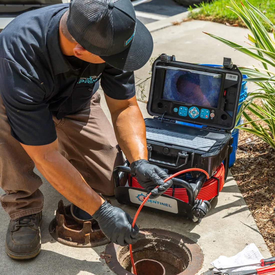 A technician inspecting a pipe with a camera